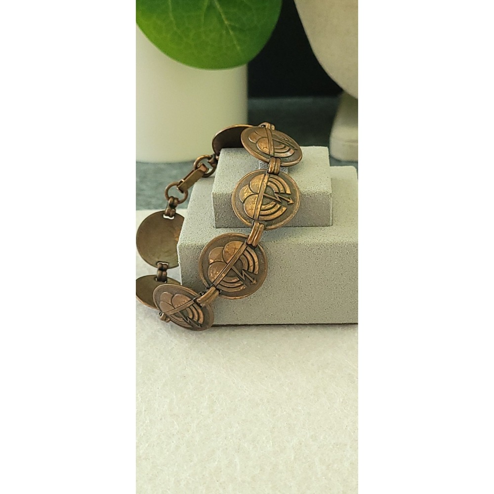 1950s-1960s Atomic Modernist Copper Link Bracelet Geometric 8in